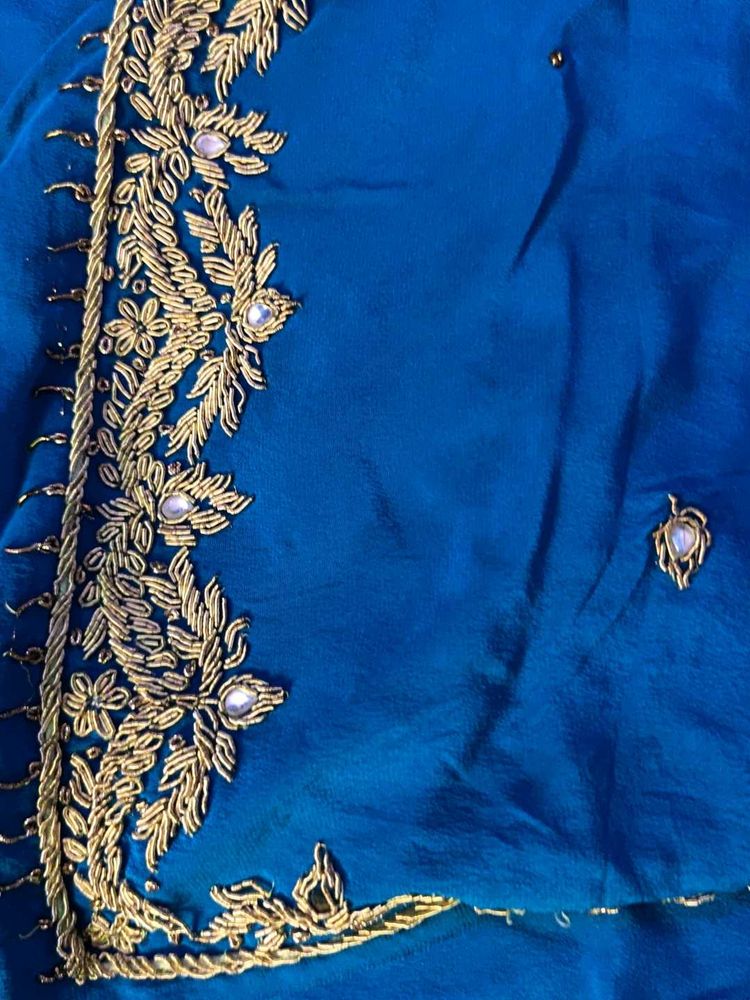 Blue Silk Saree with Gold Embroidery