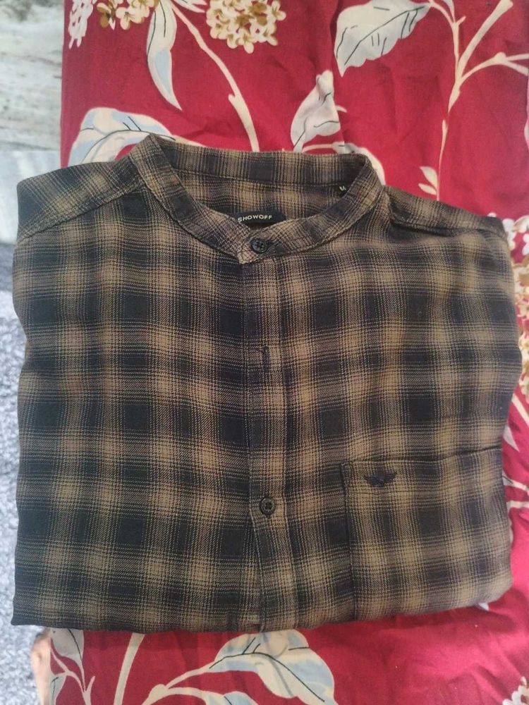 Brown Checkered Mandarin Collar Shirt