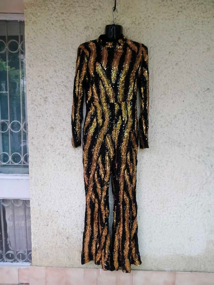 FEATHER PRINT SEQUINNED JUMPSUIT