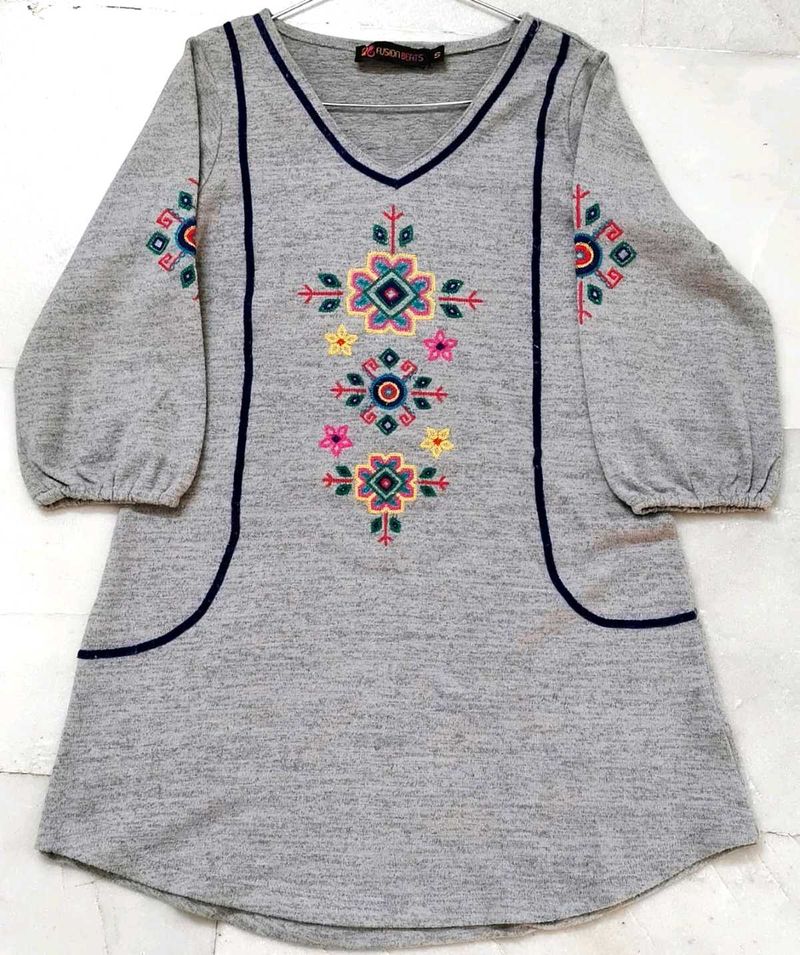 Gray Embroidered Mini Dress