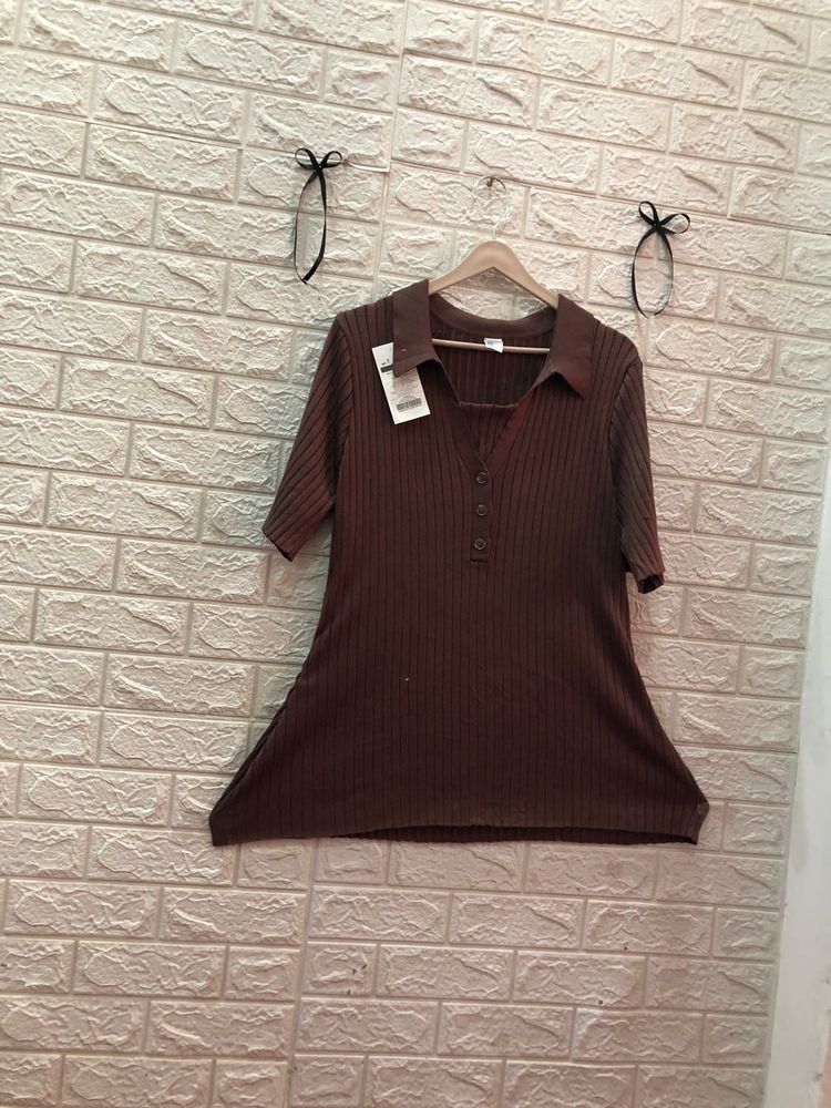 Brown Ribbed Knit Polo Top🌷🎗️