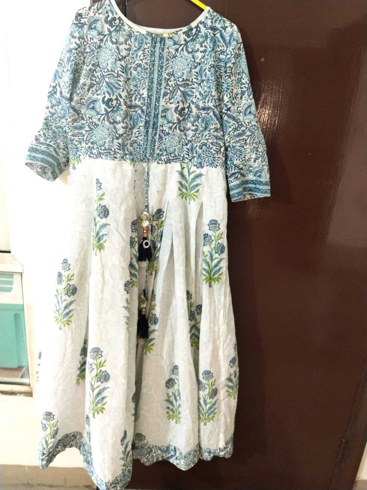 White And Blue Flower Gown With Anarkali Flair