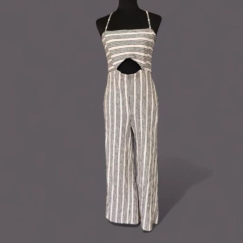 Forever 21 Cream &amp; Black Striped Jumpsuit
