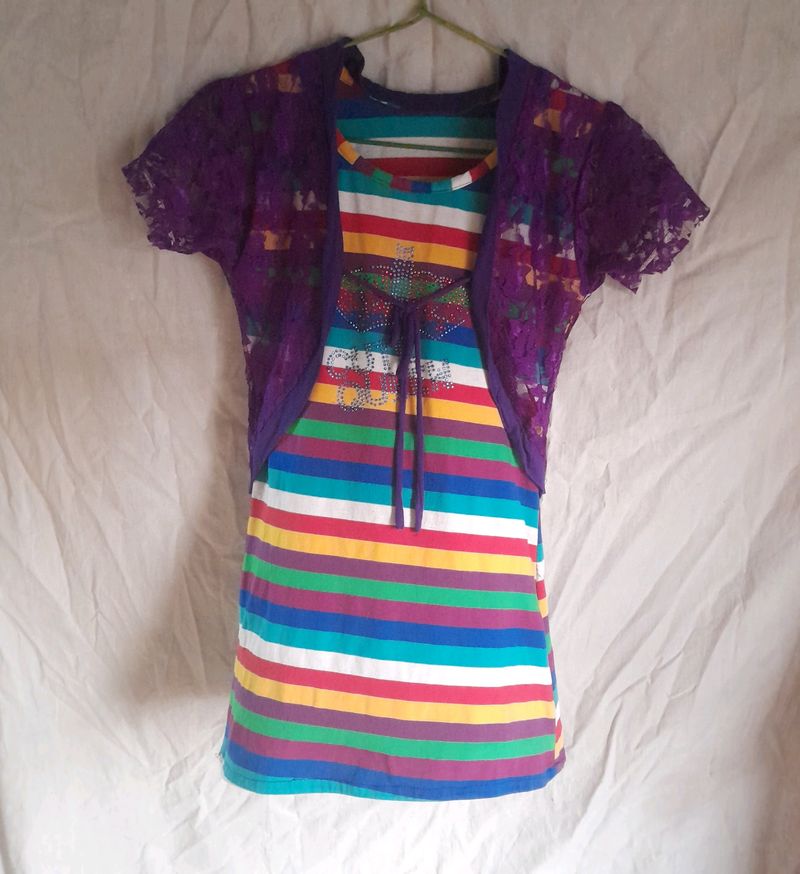 🌈Rainbow Stripes T-shirt Girls Top With Net Shrug