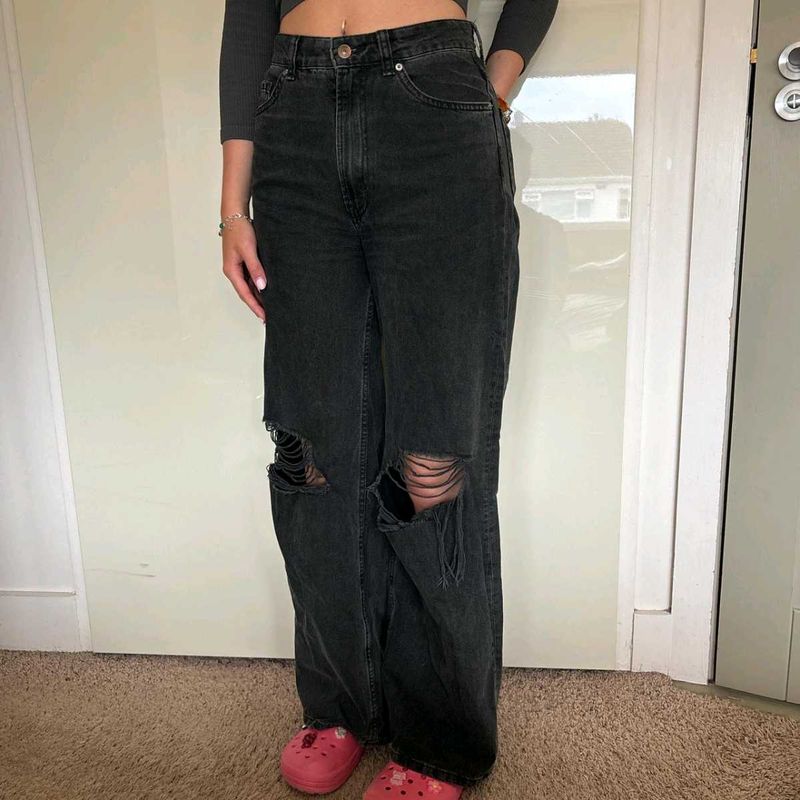 h&amp;m Ripped Black Wide Leg Jeans
