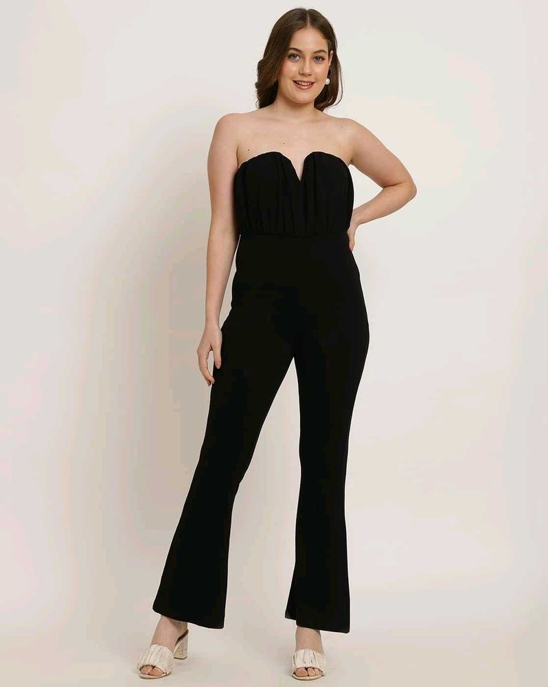 Strapless Notched Pleated Flared Jumpsuit