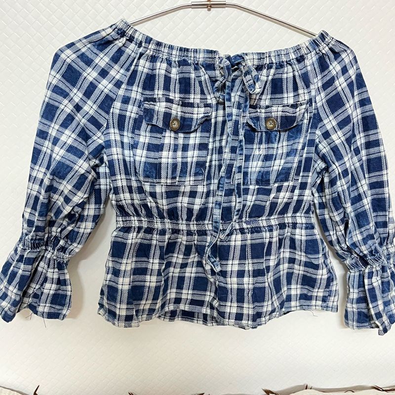 Plaid Off-Shoulder Peasant Top