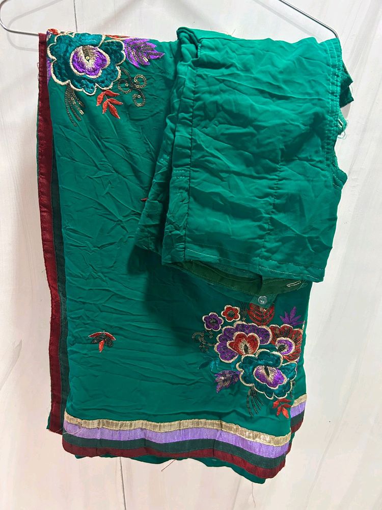Embroidery  Work Teal Saree
