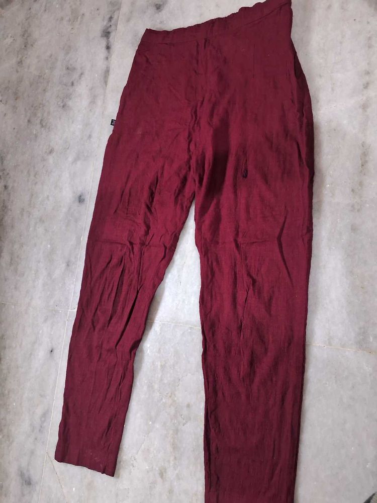 Mom Fit Maroon Cotton Trousers With Zip