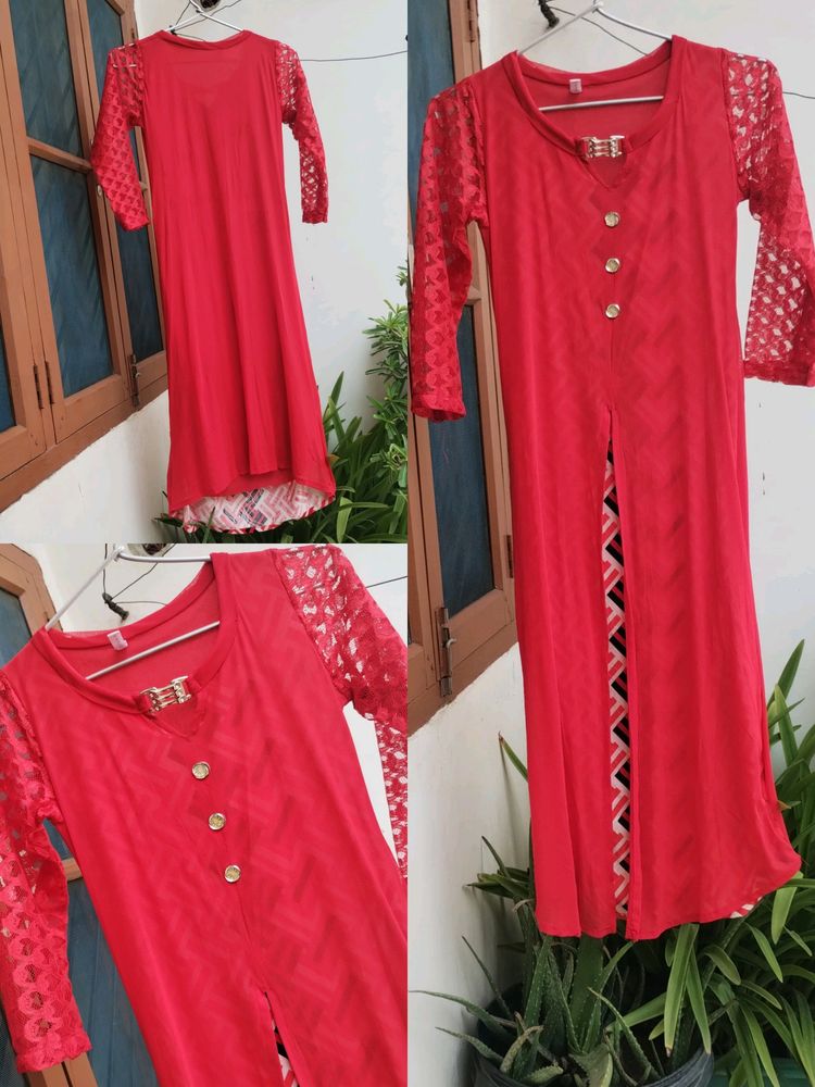 Red Net Kurta with Slit and Inner Lining