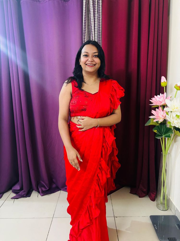 Stunning Red Ruffle Saree- Designer Made