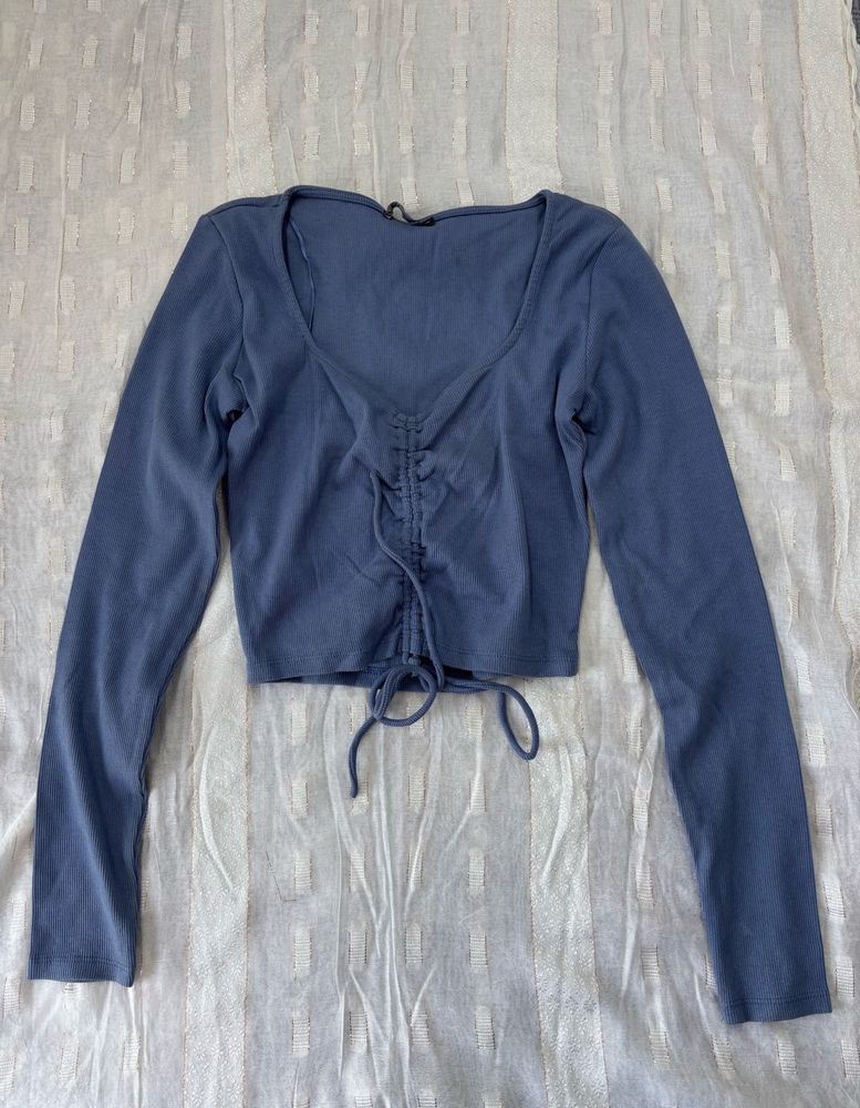 Blue Long Sleeve Crop Top