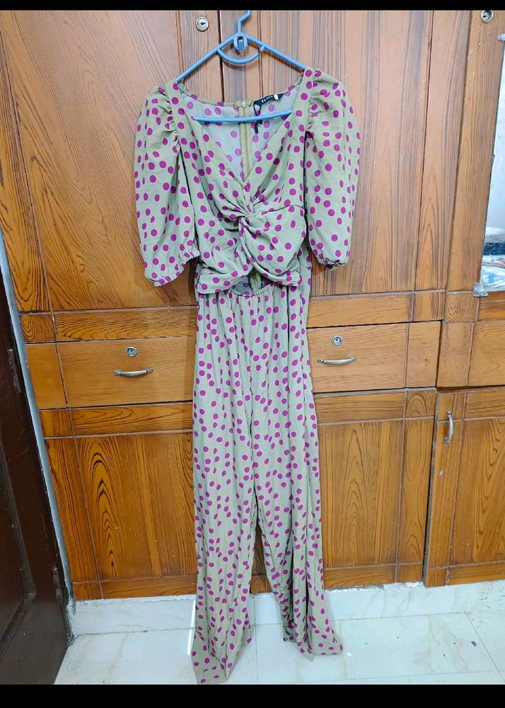 Beige Jumpsuit With Pink Polka Dots