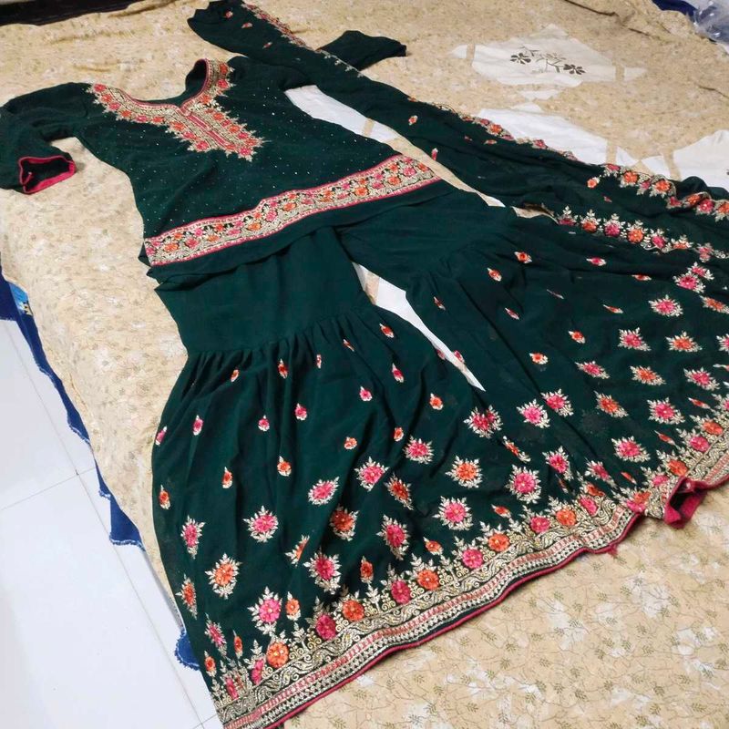 Green work Embroidered gharara set