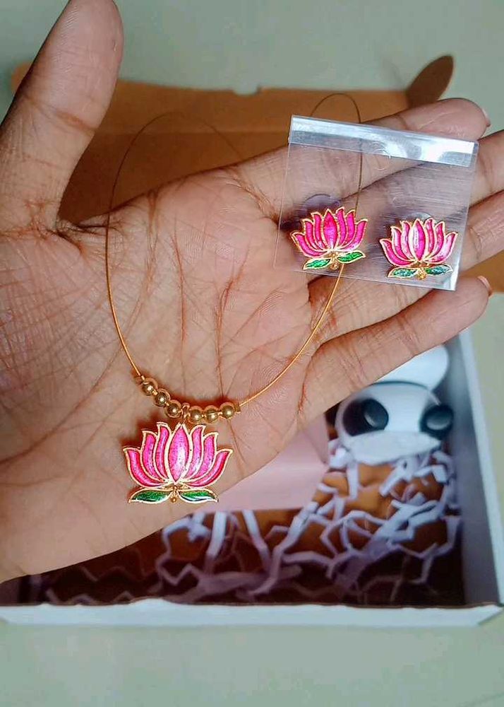 Lotus Pendant Necklace and Earring Set