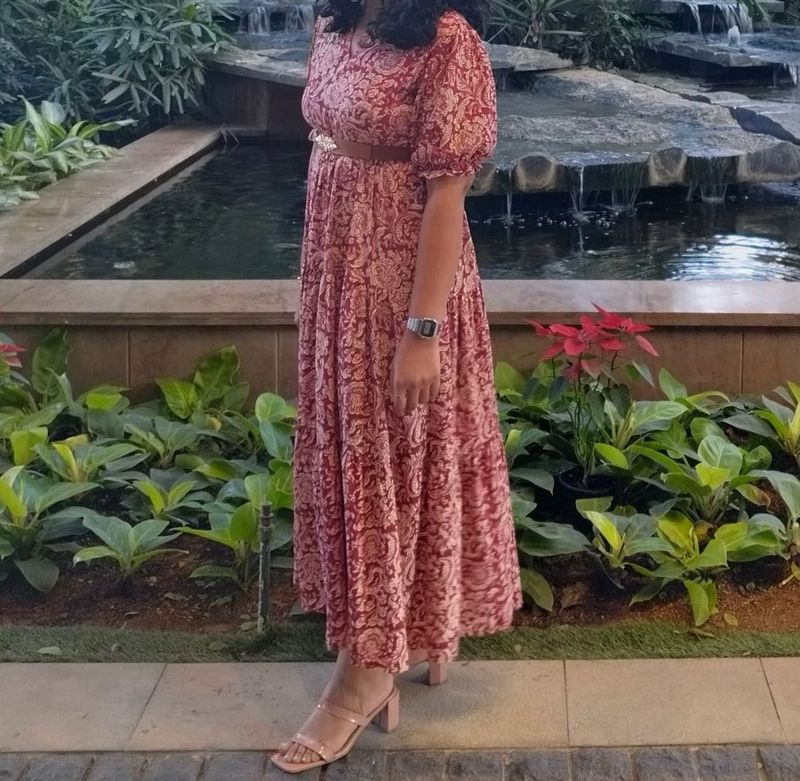 Patterned Midi Dress with Puff Sleeves