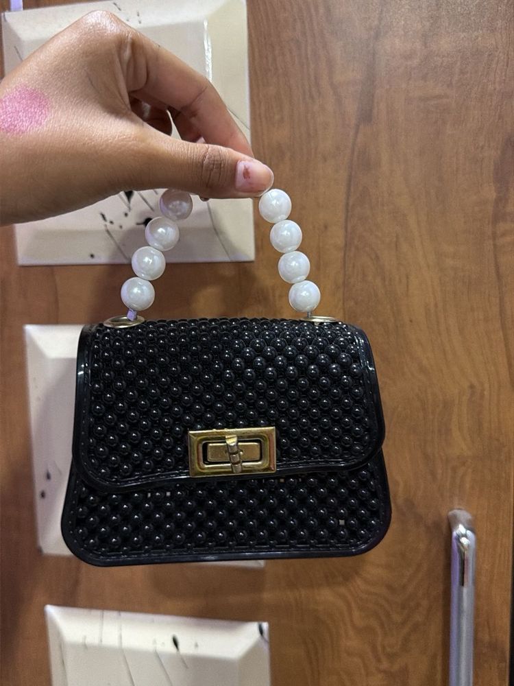 Black Beaded Handle Bag