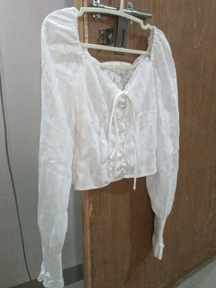 White Sheer Lace-Up Top