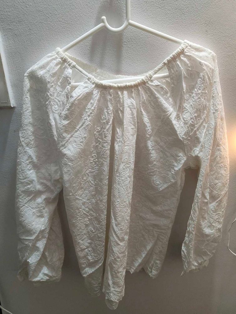 White Embroidered Long Sleeve Top