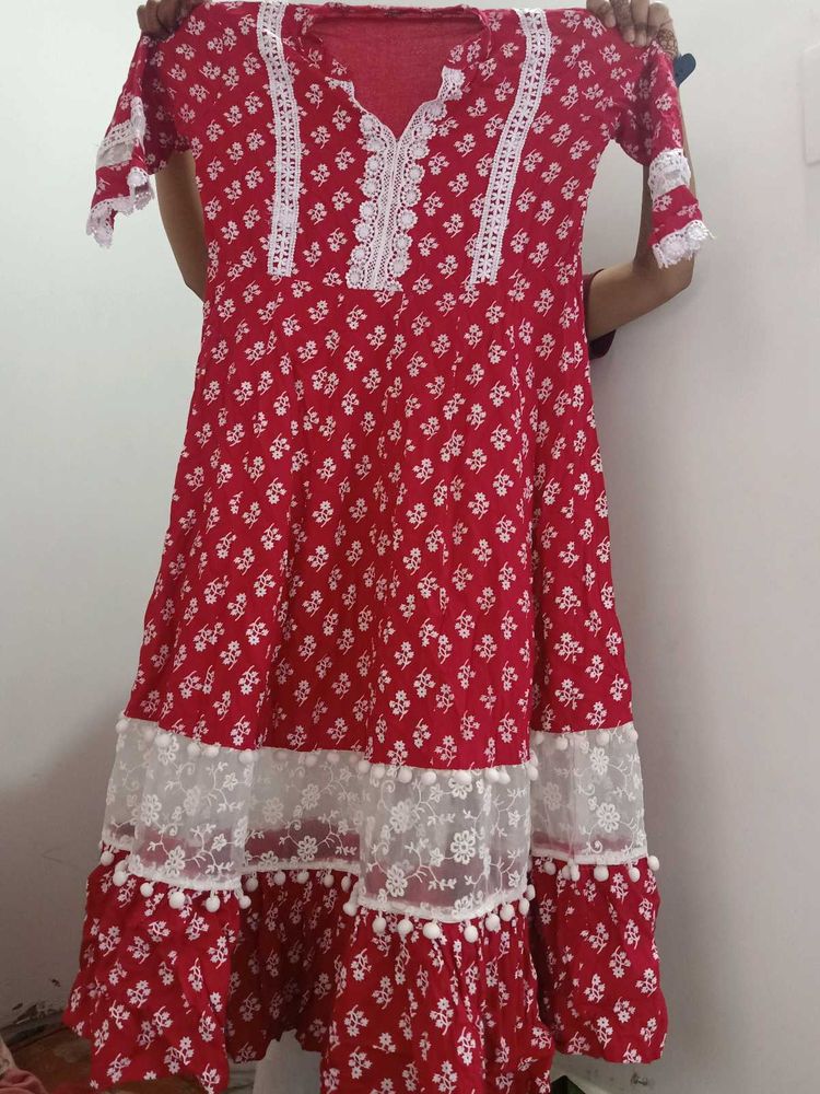 Cotton Anarkali With Lace Detailing