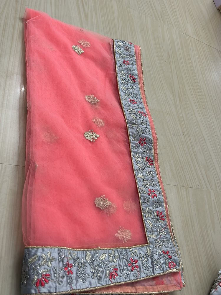Grey Lehanga With Pink Net Odhni