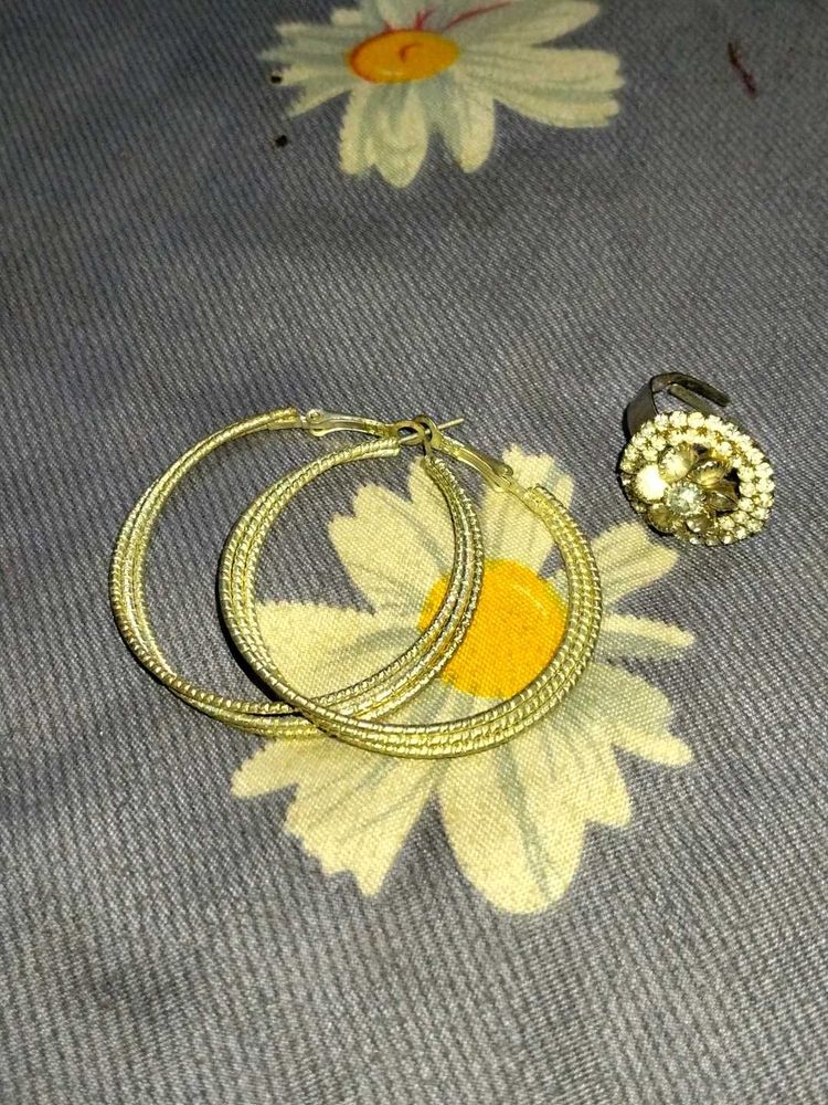 Gold Hoop Earrings &amp; Flower Ring Set
