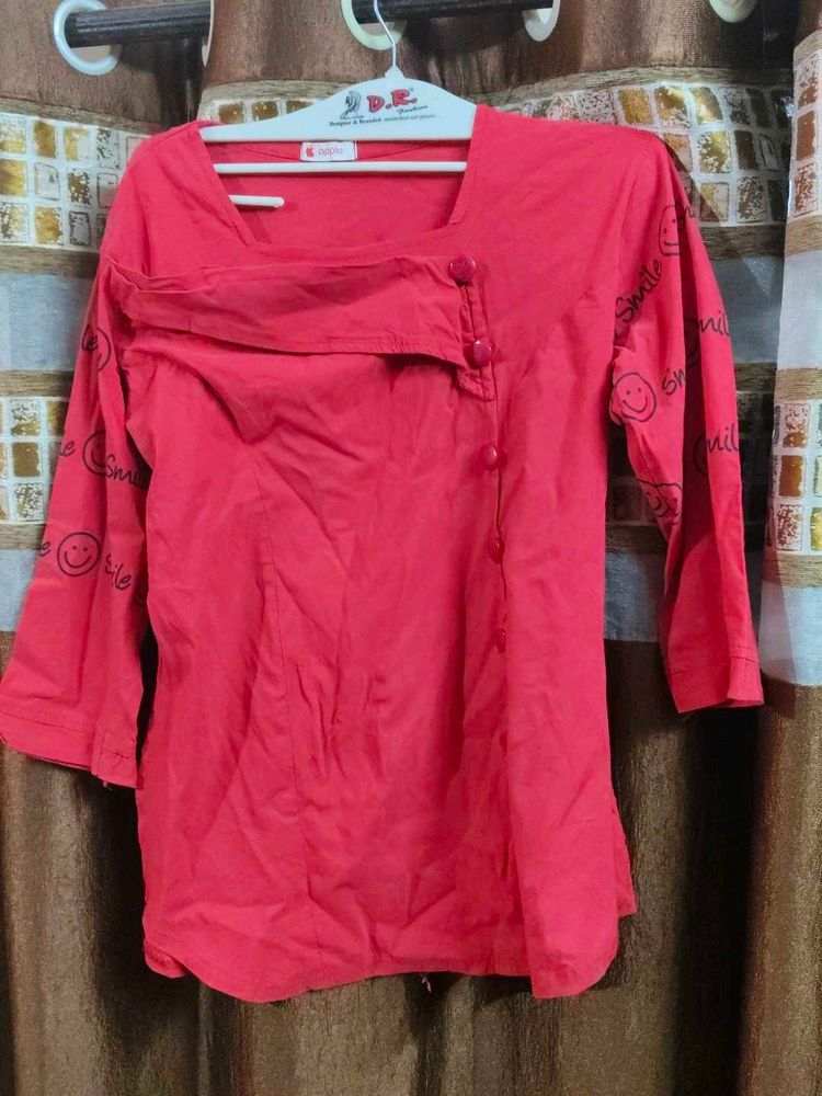 Red Casual Top with Smile Print