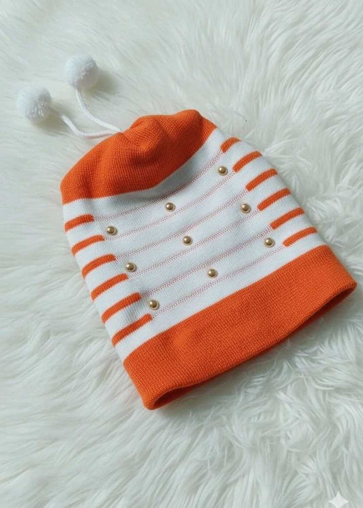 Striped Beanie with Pom Poms