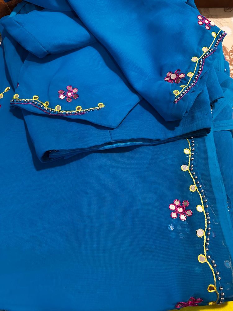 Blue Floral Mirror Work Saree with Blouse