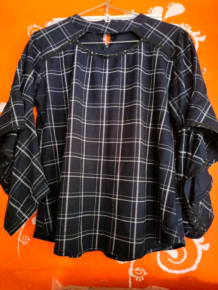 Navy Blue Checks Top Full Neck