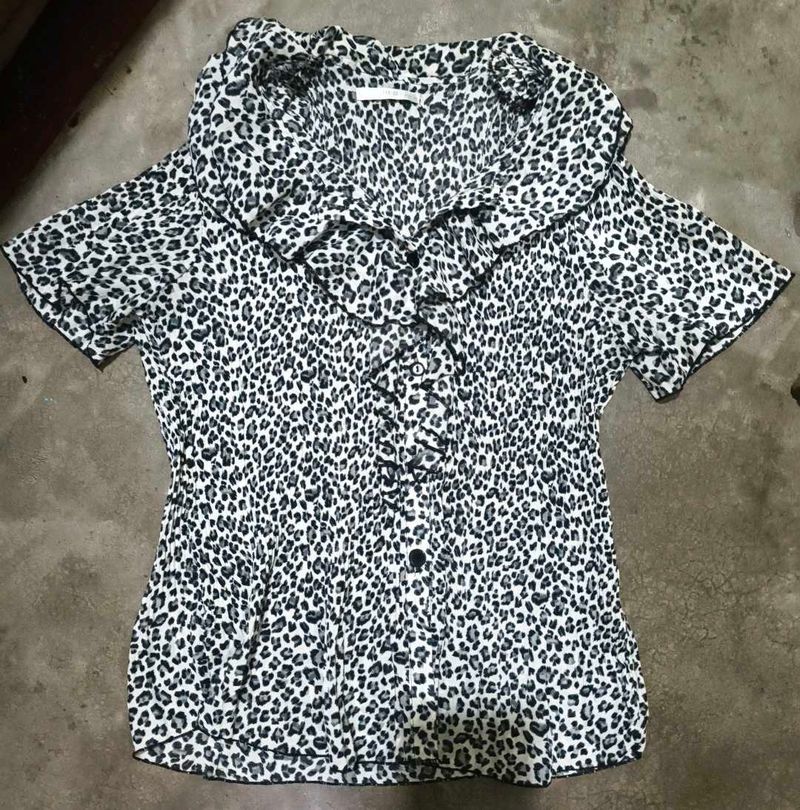 Pleated Ruffle Neck Animal Print Top