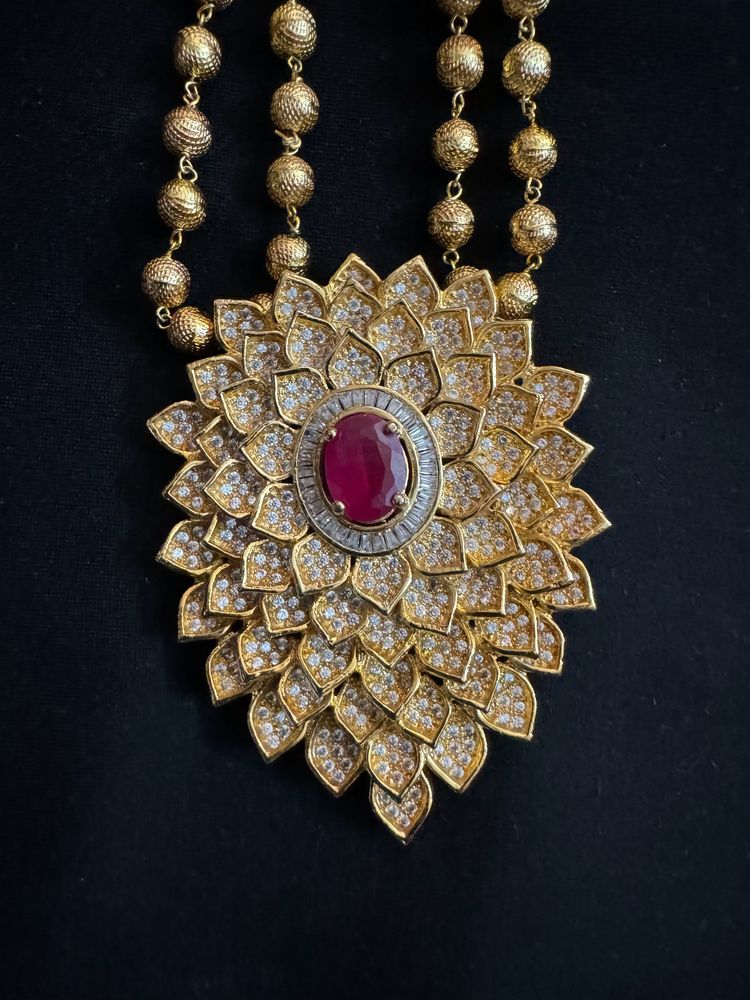 Long Gold Lookalike Haram With Stone Pendant