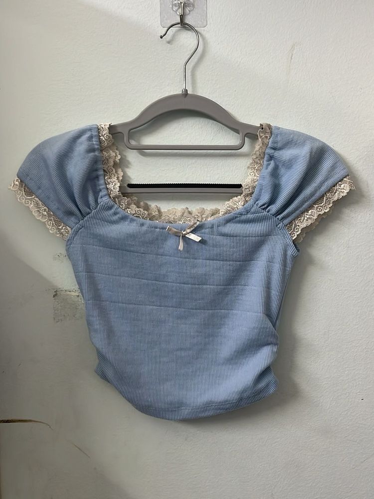 Cute Blue Lace Trim Top