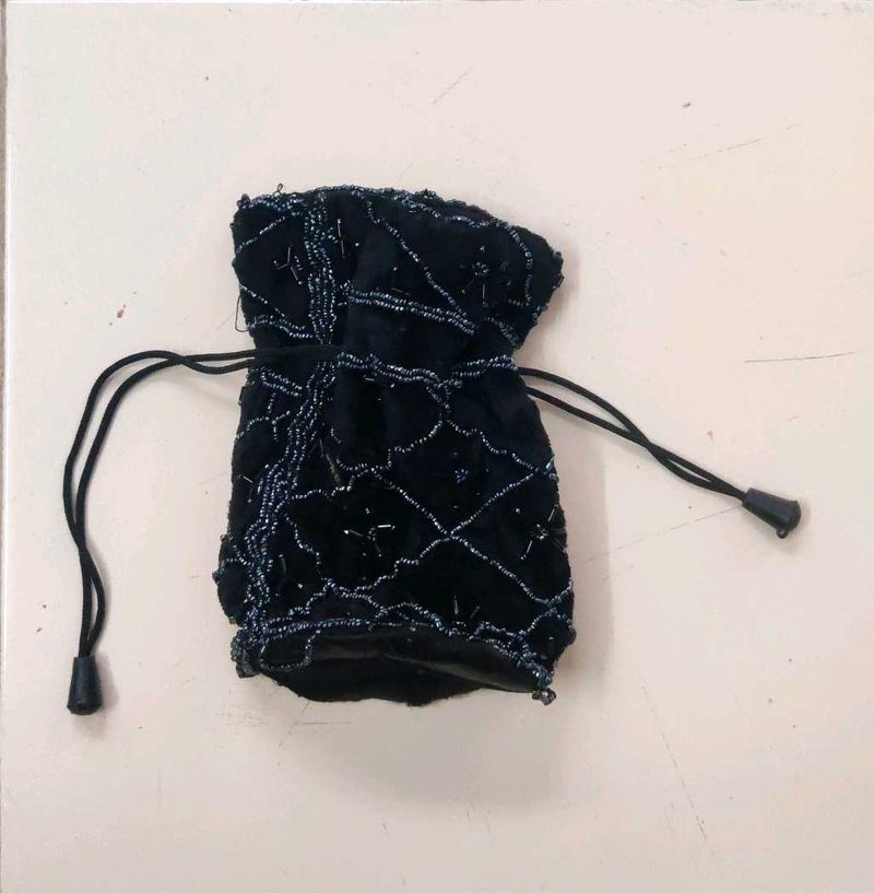 Black Beaded Drawstring Potli Bag Pouch