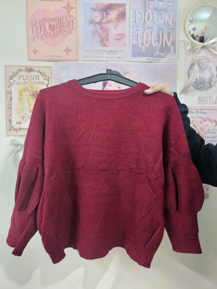 Maroon Puff Sleeve Sweater