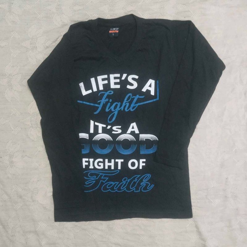 Black Colour Design Full Hand V-neck T-shirt
