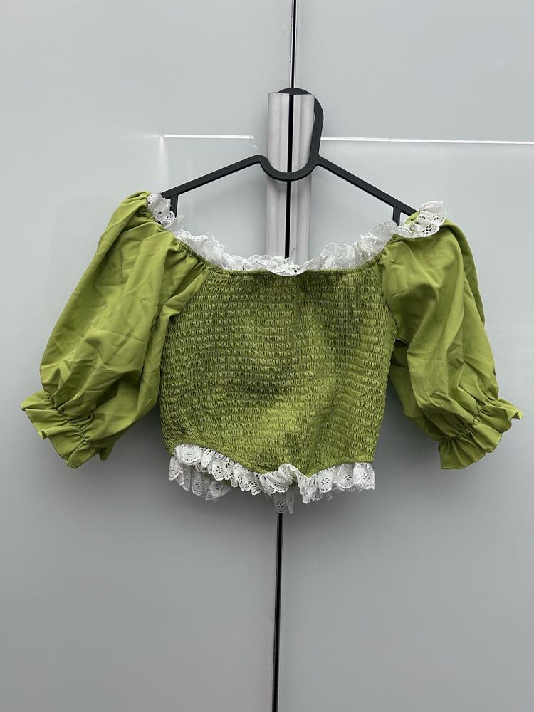 Green Puff Sleeve Smocked Top