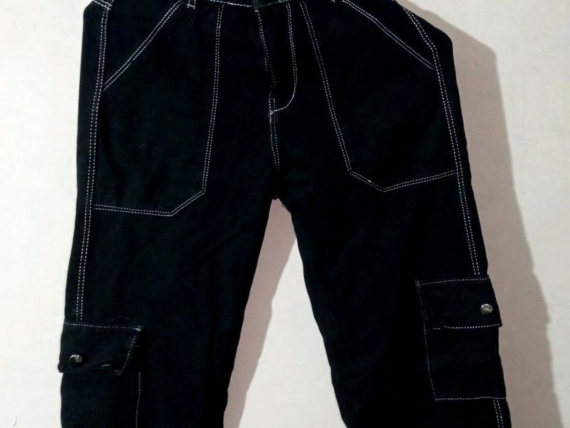 Black Denim Material Cargo Pant