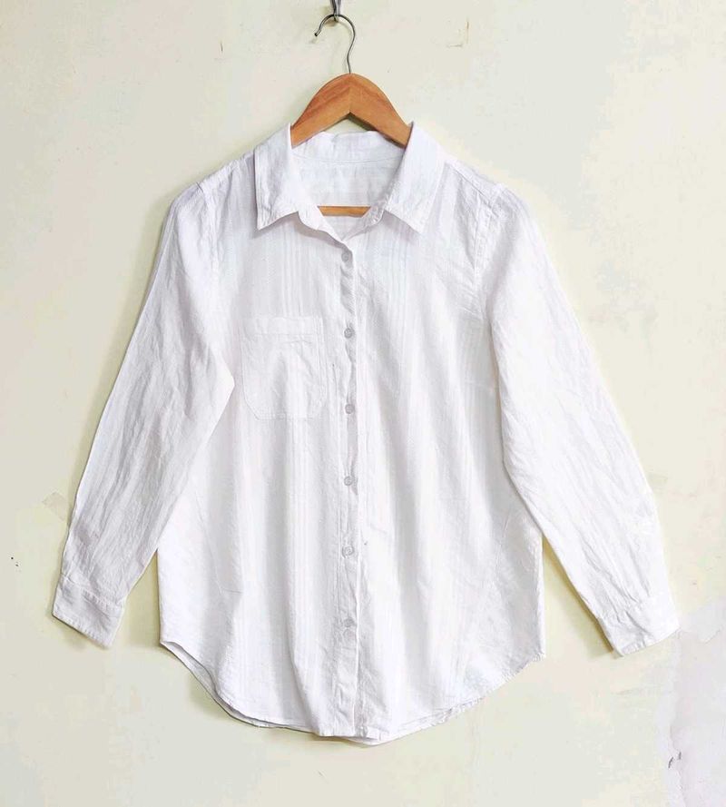 White Self Design Cotton Shirt Size-38