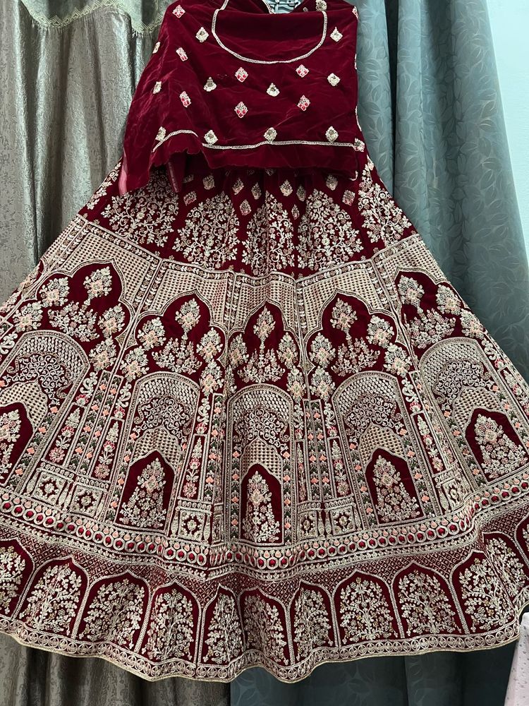 Maroon Velvet Lehenga Choli Set