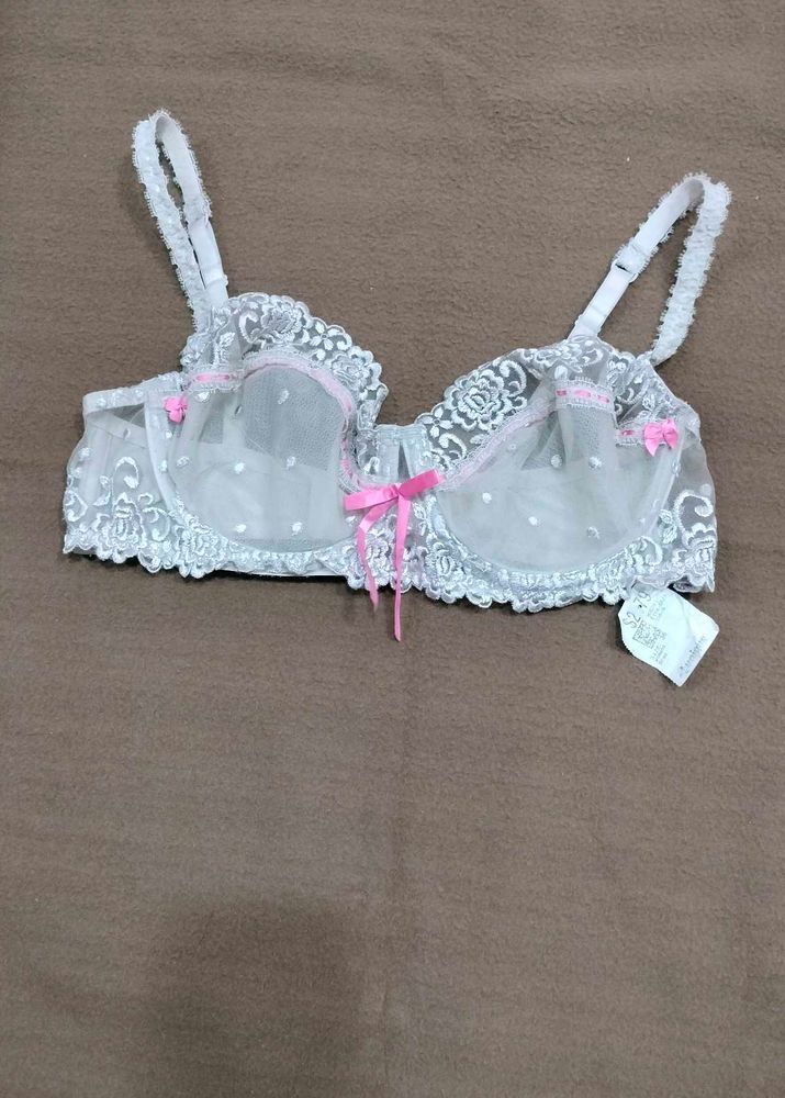 White Lace &amp; Pink Ribbon Bra