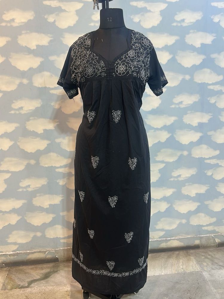 Embroidered Black Maxi Night Gown