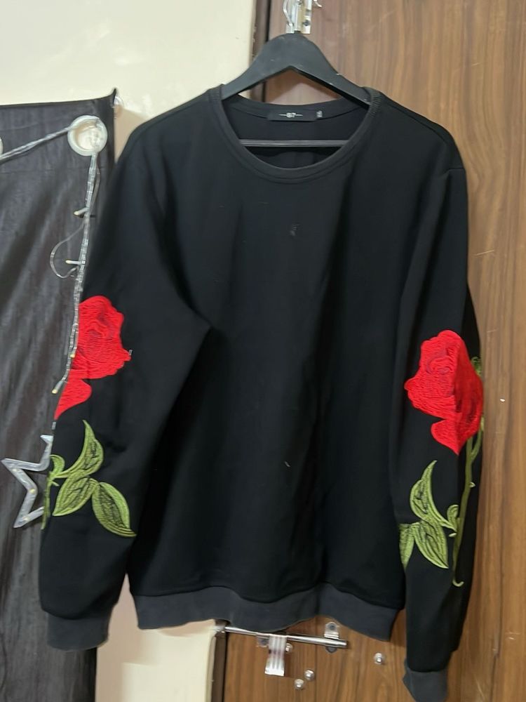 Black Sweatshirt with Rose Embroidery