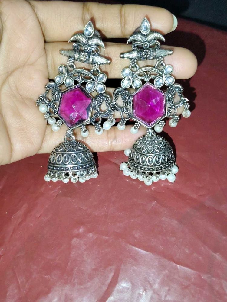 Pink Gemstone Jhumka Earrings