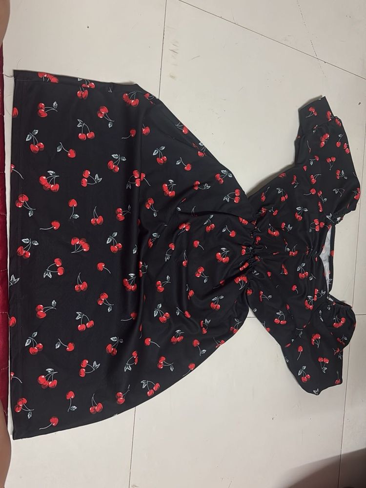 Cherry Print Black Dress