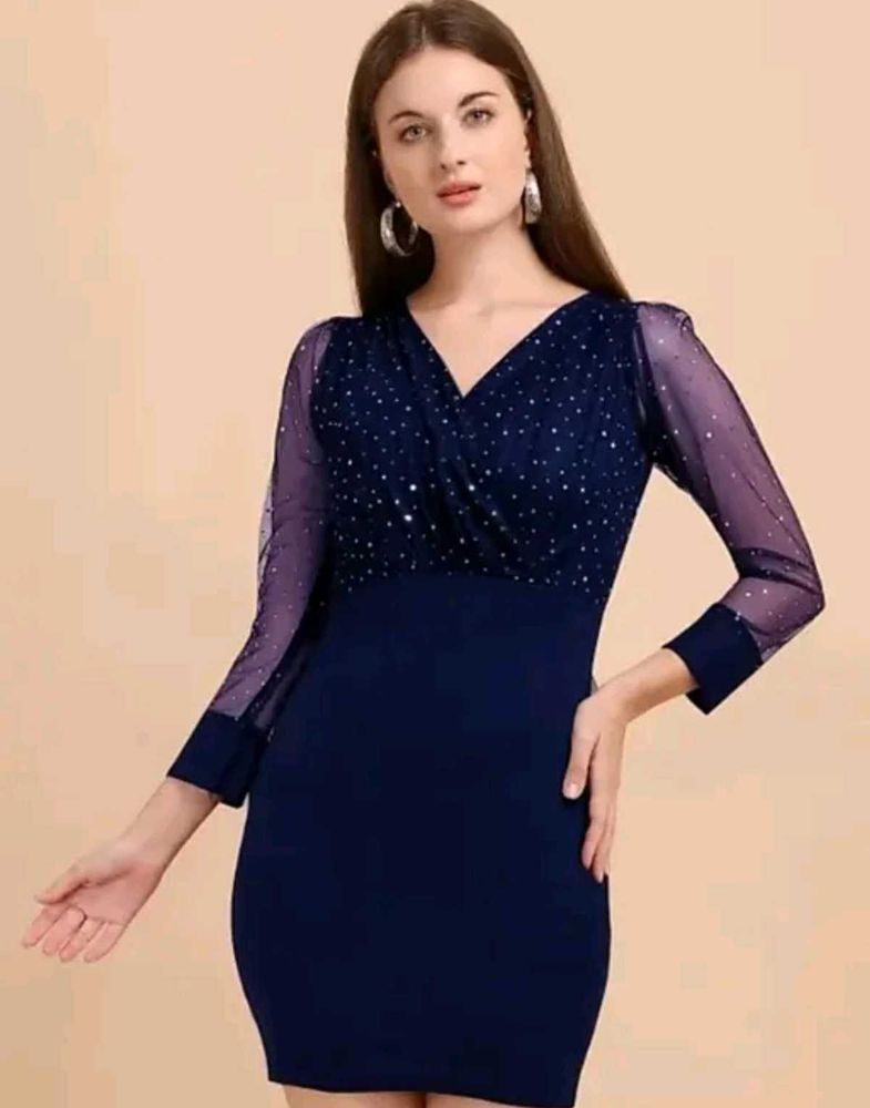 Elegant Navy Dress with Sheer Sleeves