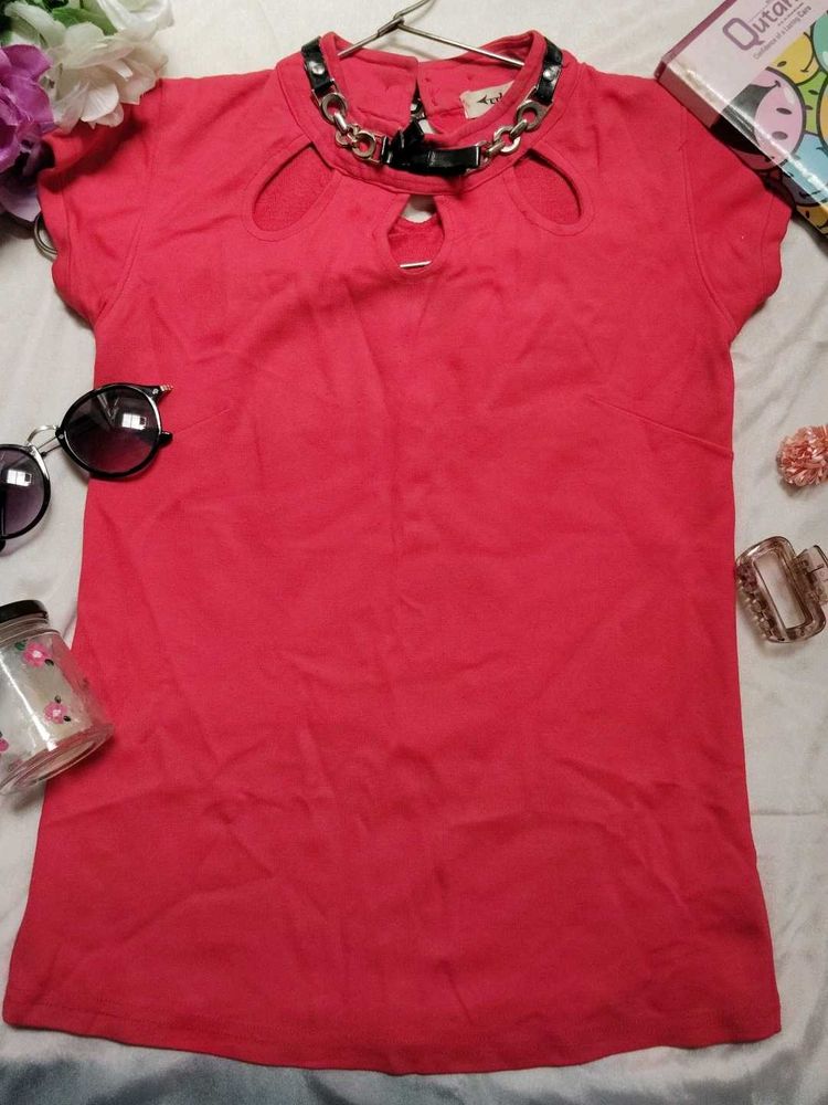 Trendy Hot Red Chain Neck Cutout Top – Stylish &amp;