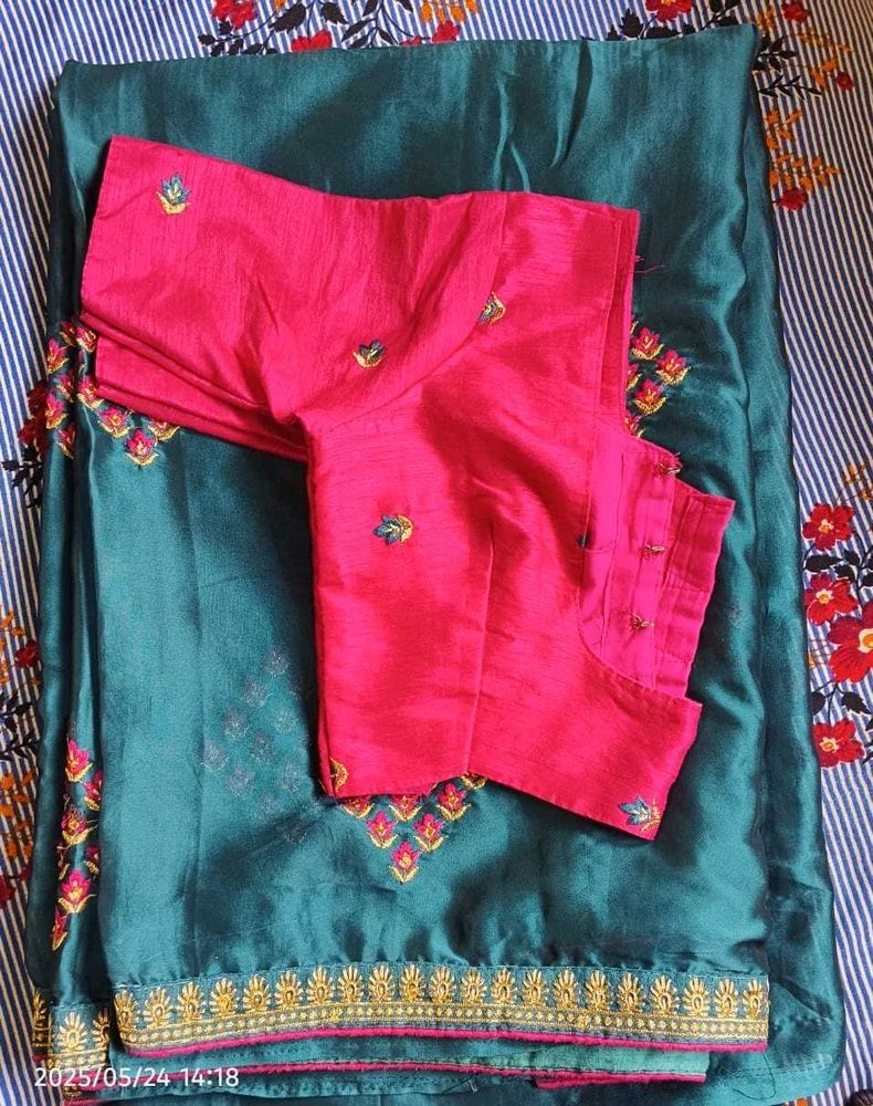 Teal &amp; Pink Embroidered Saree