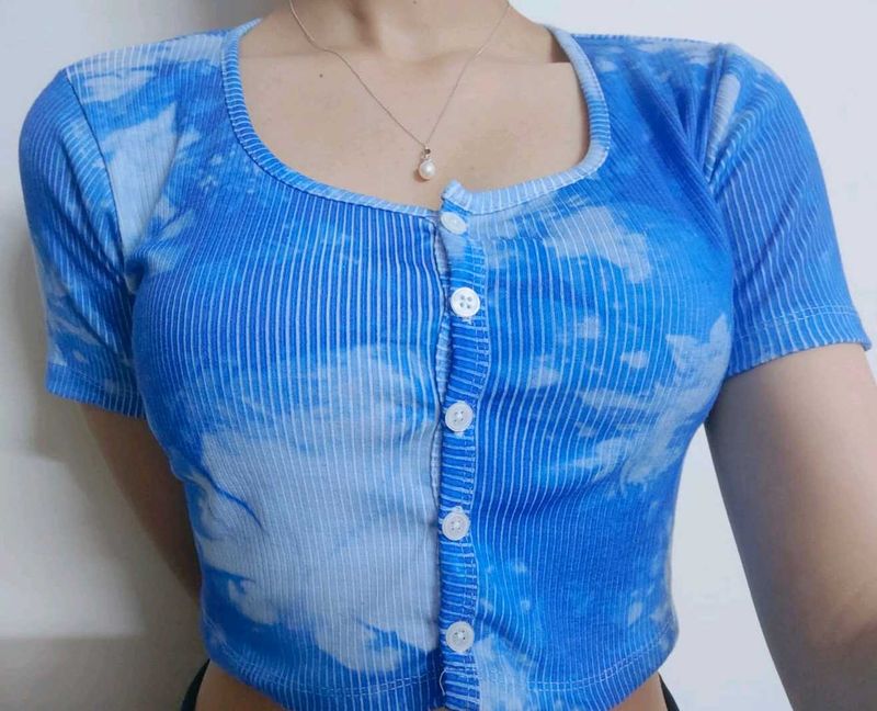 Blue Tie Dye Crop Buttoned Top