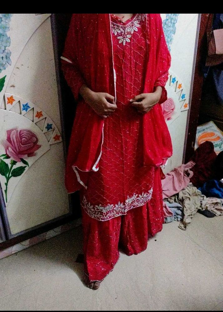 Red Embroidered Kurta Set